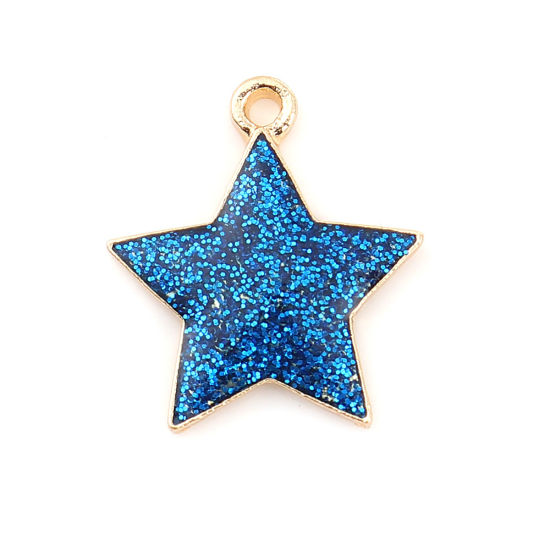 Picture of Zinc Based Alloy Galaxy Charms Pentagram Star Gold Plated Royal Blue Glitter Enamel 20mm( 6/8") x 17mm( 5/8"), 20 PCs