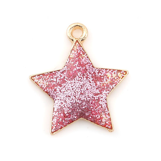 Picture of Zinc Based Alloy Galaxy Charms Pentagram Star Gold Plated Pink Glitter Enamel 20mm( 6/8") x 17mm( 5/8"), 20 PCs