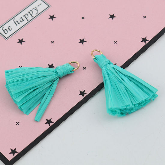 Picture of Raffia Tassel Pendants Gold Plated Green Blue 40mm(1 5/8") x 25mm(1"), 20 PCs