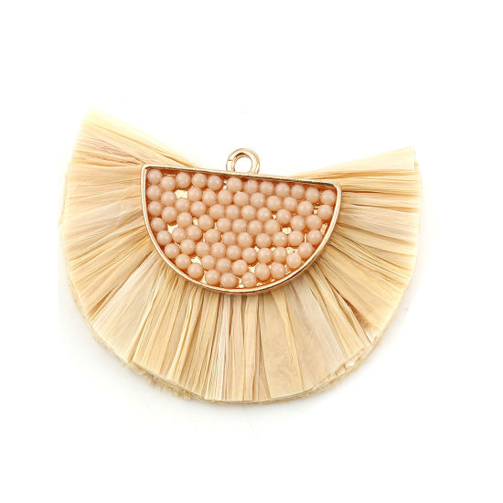 Picture of Raffia Seed Beads Tassel Pendants Half Round Gold Plated Brown 46mm(1 6/8") x 33mm(1 2/8"), 1 Piece
