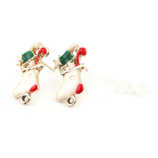 亜鉛合金 イヤリング イヤリングパーツ 金メッキ 白×赤 クリスマスの靴下柄 エナメル ループ付き 21mm x 11mm、 ワイヤーサイズ: （21号）、 10 個 の画像