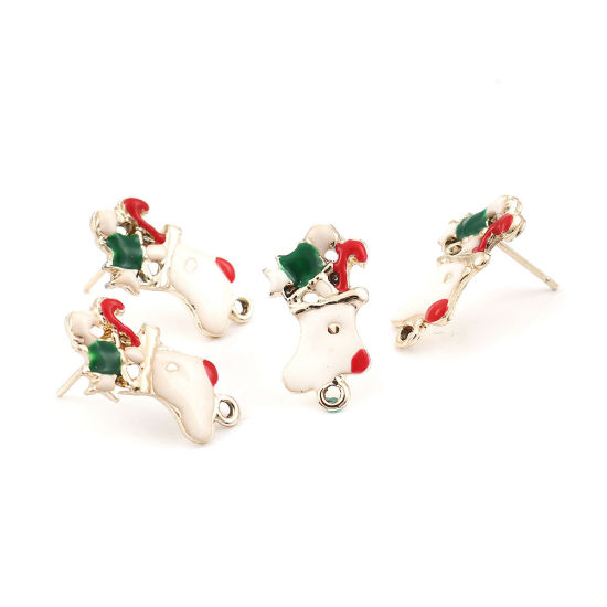 亜鉛合金 イヤリング イヤリングパーツ 金メッキ 白×赤 クリスマスの靴下柄 エナメル ループ付き 21mm x 11mm、 ワイヤーサイズ: （21号）、 10 個 の画像