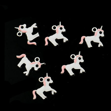Zinc Based Alloy Charms Horse Animal Silver Tone Pink Black Rhinestone Enamel 16mm( 5/8") x 14mm( 4/8"), 20 PCs