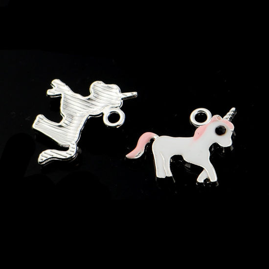 Bild von Zinklegierung Charms Pferd Silberfarbe Rosa Schwarz Strass Emaille 16mm x 14mm, 20 Stück