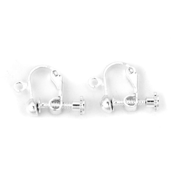 Picture of Brass Screw Back Clips Earrings Silver Plated W/ Loop 18mm( 6/8") x 13mm( 4/8"), 10 PCs                                                                                                                                                                       