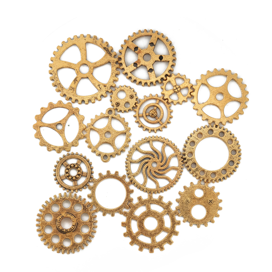 Picture of Zinc Based Alloy Steampunk Pendants Gear Gold Tone Antique Gold At Random Mixed 3.1cm(1 2/8") Dia. - 1cm( 3/8") Dia., 1 Packet(100g/Packet, Approx 40-60 PCs/Packet)
