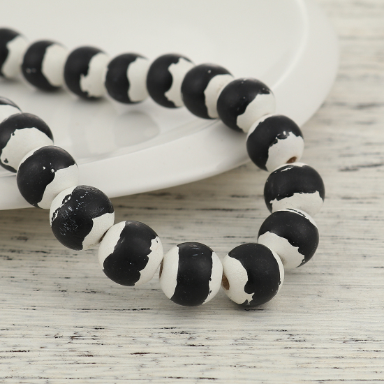 Picture of Natural Wood Spacer Beads Round Black & White Stripe About 14mm Dia, Hole: Approx 3.6mm, 45.5cm long, 1 Strand (Approx 36 PCs/Strand)