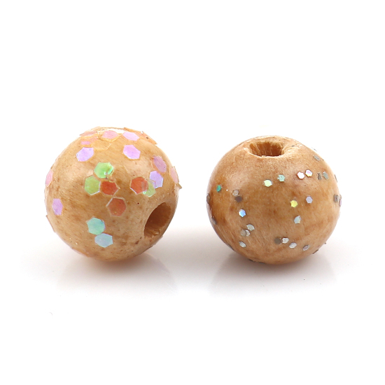 Picture of Wood Spacer Beads Round Natural Glitter About 8mm Dia, Hole: Approx 2.1mm, 100 PCs