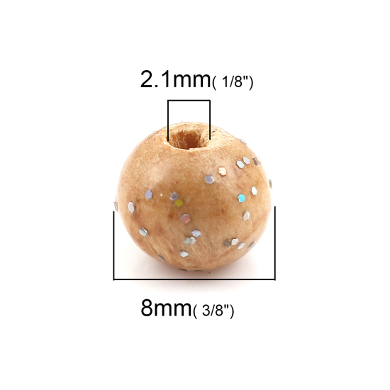 Picture of Wood Spacer Beads Round Natural Glitter About 8mm Dia, Hole: Approx 2.1mm, 100 PCs