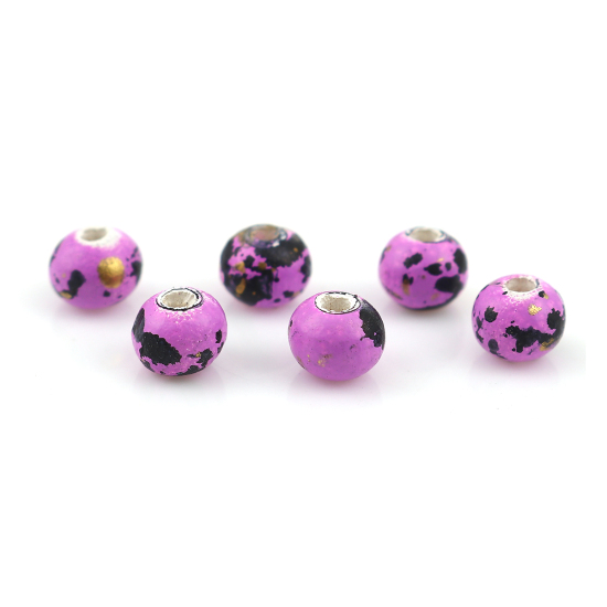 Image de Perles en Bois Naturel Rond Fuchsia Tachetures 6mm Dia, Trou: env. 1.7mm - 1.4mm, 100 Pcs