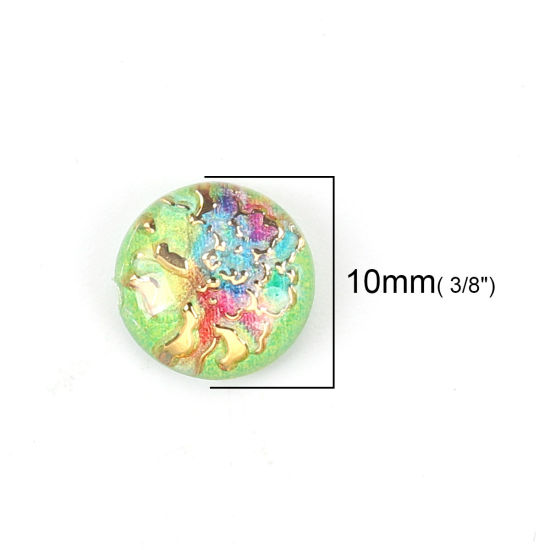 Picture of Acrylic Dome Seals Cabochon Round Green Flower Pattern 10mm( 3/8") Dia, 200 PCs