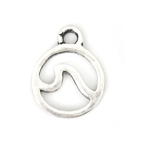 Zinc Based Alloy Charms Round Antique Silver Color Wave 12mm( 4/8") x 9mm( 3/8"), 100 PCs