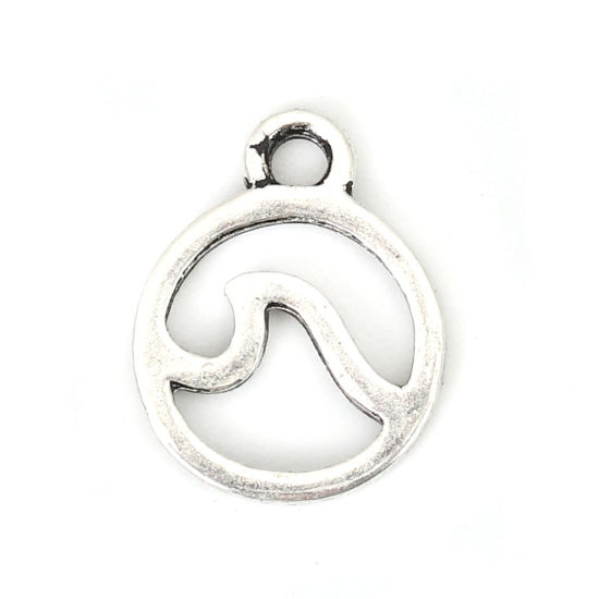 Picture of Zinc Based Alloy Charms Round Antique Silver Color Wave 12mm( 4/8") x 9mm( 3/8"), 100 PCs
