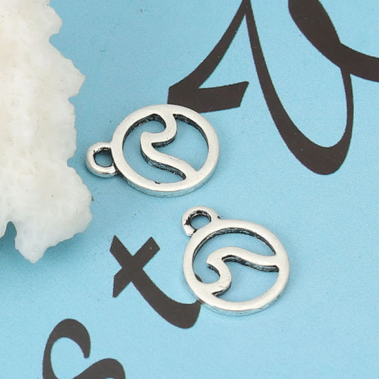Picture of Zinc Based Alloy Charms Round Antique Silver Color Wave 12mm( 4/8") x 9mm( 3/8"), 100 PCs
