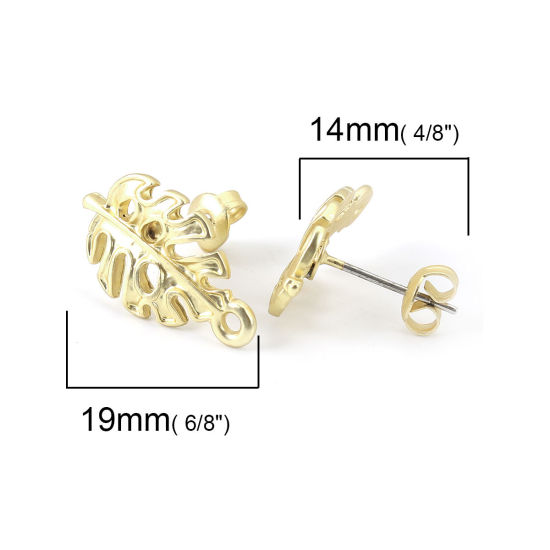 Immagine di Lega di Zinco Orecchini a Perno Tappi di Orecchini Foglia Oro Opaco W/ Loop 19mm x 11mm, Diametro Filo: (21 misura), 10 Pz