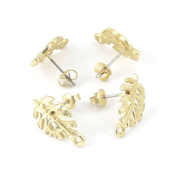 Immagine di Lega di Zinco Orecchini a Perno Tappi di Orecchini Foglia Oro Opaco W/ Loop 19mm x 11mm, Diametro Filo: (21 misura), 10 Pz