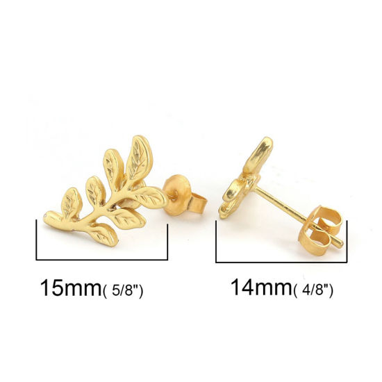 Immagine di Lega di Zinco Orecchini a Perno Tappi di Orecchini Foglia Oro Opaco W/ Loop 19mm x 11mm, Diametro Filo: (21 misura), 10 Pz