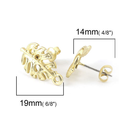 Immagine di Lega di Zinco Orecchini a Perno Tappi di Orecchini Foglia Oro Opaco W/ Loop 19mm x 11mm, Diametro Filo: (21 misura), 10 Pz