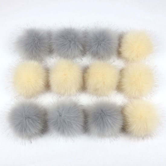 Picture of Pom Pom Balls Imitation Fox Fur French Gray & Beige Round With Ring 8cm(3 1/8") Dia., 1 Packet (12 PCs/Packet)