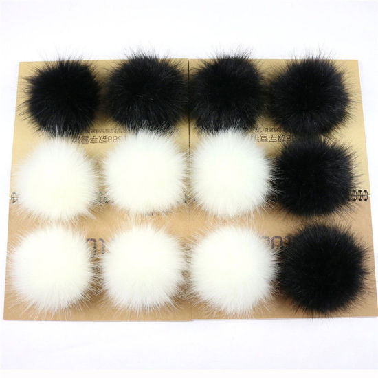 Picture of Pom Pom Balls Imitation Fox Fur French Gray & Beige Round With Ring 8cm(3 1/8") Dia., 1 Packet (12 PCs/Packet)