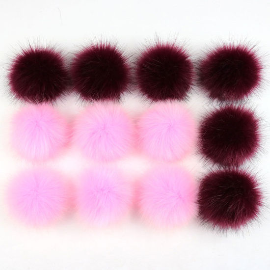 Picture of Pom Pom Balls Imitation Fox Fur Wine Red & Pink Round With Ring 8cm(3 1/8") Dia., 1 Packet (12 PCs/Packet)
