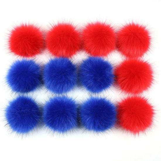 Picture of Pom Pom Balls Imitation Fox Fur Royal Blue & Red Round With Ring 8cm(3 1/8") Dia., 1 Packet (12 PCs/Packet)