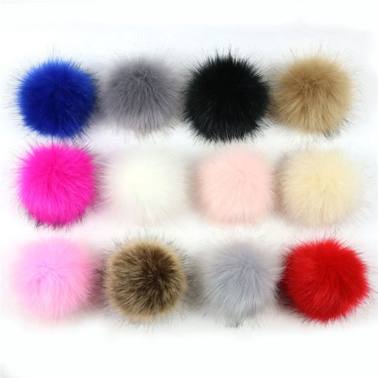 Picture of Pom Pom Balls Imitation Fox Fur Mixed Round With Ring 8cm(3 1/8") Dia., 1 Packet (12 PCs/Packet)