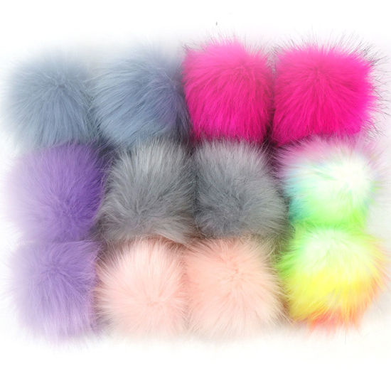 Picture of Pom Pom Balls Imitation Fox Fur Mixed Round With Ring 8cm(3 1/8") Dia., 1 Packet (12 PCs/Packet)