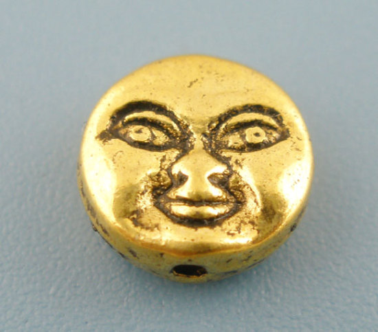 Picture of Zinc Based Alloy Spacer Beads Flat Round Gold Tone Antique Gold Face Carved About 7.5mm Dia, Hole:Approx 1.1mm, 60 PCs