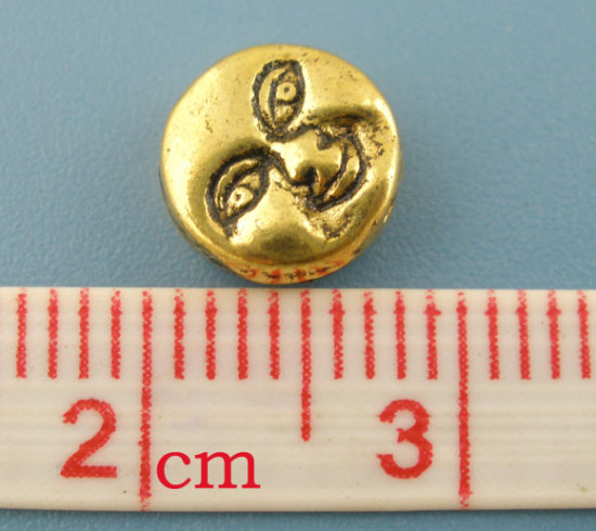 Picture of Zinc Based Alloy Spacer Beads Flat Round Gold Tone Antique Gold Face Carved About 7.5mm Dia, Hole:Approx 1.1mm, 60 PCs