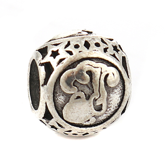 Picture of Zinc Based Alloy European Style Large Hole Charm Beads Round Antique Silver Aquarius Sign Of Zodiac Constellations About 11mm( 3/8") Dia, Hole: Approx 5mm, 10 PCs