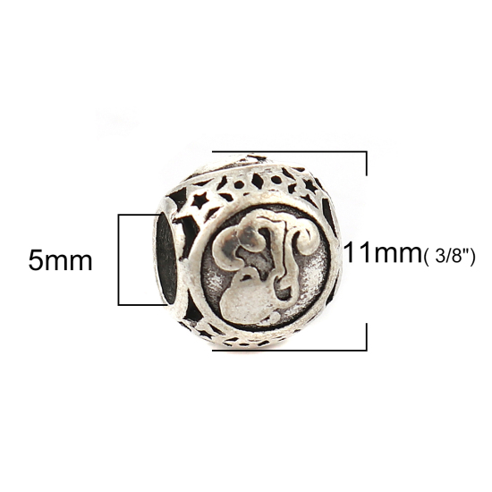 Image de Perles à Gros Trou au Style Européen en Alliage de Zinc Rond Argent Vieilli Constellation Verseau Env. 11mm Dia, Trou: 5mm, 10 Pcs