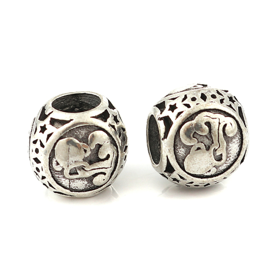 Image de Perles à Gros Trou au Style Européen en Alliage de Zinc Rond Argent Vieilli Constellation Verseau Env. 11mm Dia, Trou: 5mm, 10 Pcs