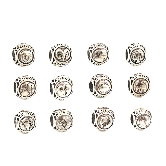 Image de Perles à Gros Trou au Style Européen en Alliage de Zinc Rond Argent Vieilli Constellation Verseau Env. 11mm Dia, Trou: 5mm, 10 Pcs