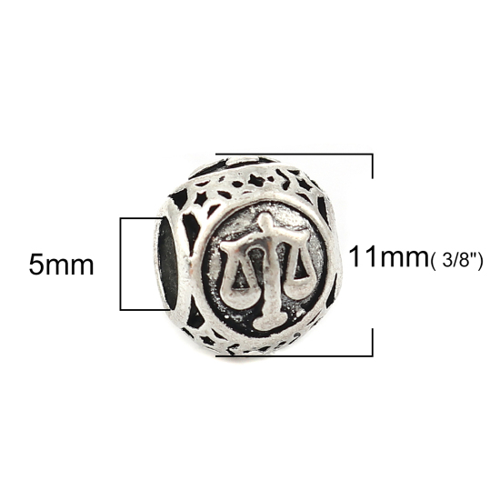 Image de Perles à Gros Trou au Style Européen en Alliage de Zinc Rond Argent Vieilli Constellation Balance Env. 11mm Dia, Trou: 5mm, 10 Pcs