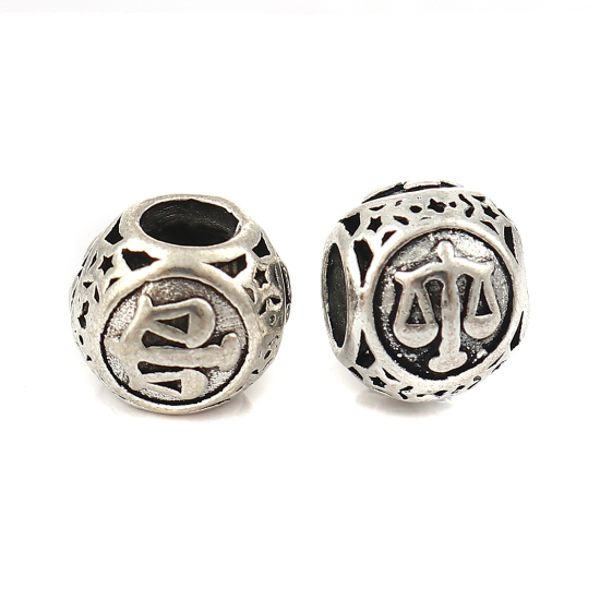 Image de Perles à Gros Trou au Style Européen en Alliage de Zinc Rond Argent Vieilli Constellation Balance Env. 11mm Dia, Trou: 5mm, 10 Pcs