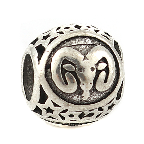 Picture of Zinc Based Alloy European Style Large Hole Charm Beads Round Antique Silver Aries Sign Of Zodiac Constellations About 11mm( 3/8") Dia, Hole: Approx 5mm, 10 PCs