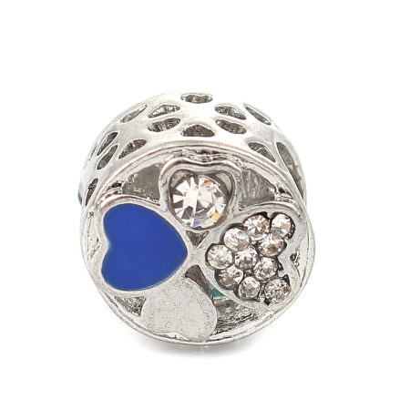 Bild von Zinklegierung Europäische Stil Großlochperlen Zylinder Silberfarbe Herz Geschnitzt Blau Emaille Transparent Strass, etwa 11mm D., Loch:Ca 5.6mm, 3 Stück