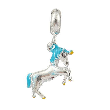 Picture of Zinc Based Alloy European Style Large Hole Charm Beads Horse Animal Silver Plated Blue Enamel 29mm x 16mm, 3 PCs