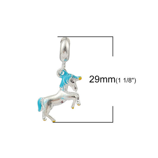 Изображение Цинковый Сплав В Стиле Пандора Бусины Лошадь Посеребренный Синий С Эмалью 29мм x 16мм, 3 ШТ