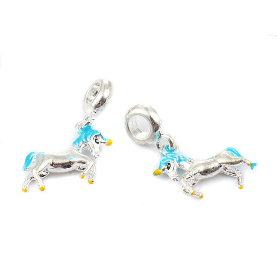 Image de Perles à Gros Trou au Style Européen en Alliage de Zinc Cheval Argenté Bleu Email 29mm x 16mm, 3 Pcs