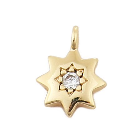 Picture of Brass Charms Polygon 18K Real Gold Plated Clear Rhinestone 8mm( 3/8") x 6mm( 2/8"), 3 PCs