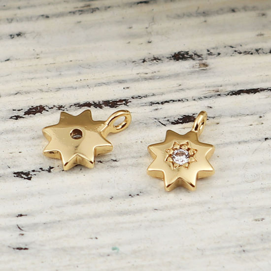 Picture of Brass Charms Polygon 18K Real Gold Plated Clear Rhinestone 8mm( 3/8") x 6mm( 2/8"), 3 PCs                                                                                                                                                                     