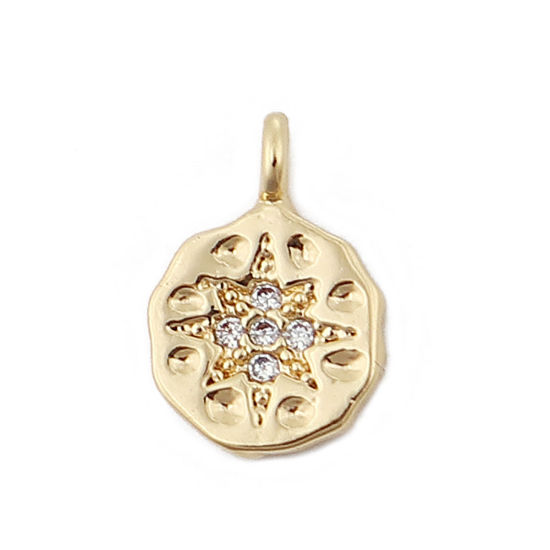Picture of Brass Charms Round 18K Real Gold Plated Flower Clear Rhinestone 11mm( 3/8") x 8mm( 3/8"), 3 PCs                                                                                                                                                               
