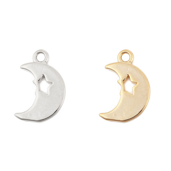 Picture of Brass Charms Half Moon 18K Real Platinum Plated Star 12mm( 4/8") x 8mm( 3/8"), 3 PCs                                                                                                                                                                          