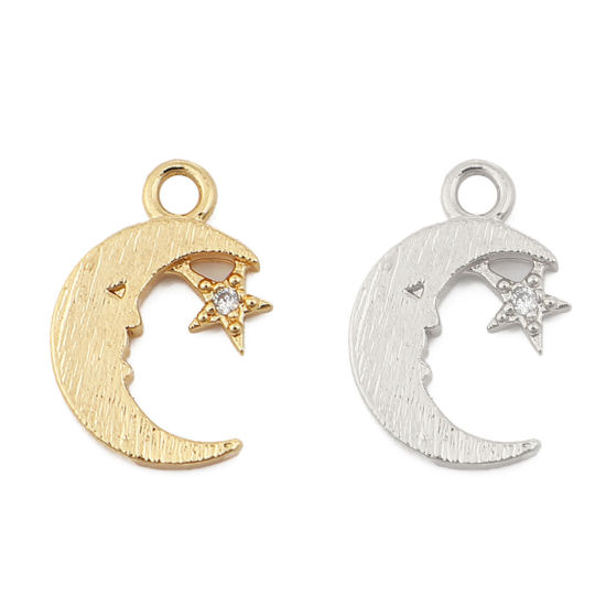 Picture of Brass Charms Half Moon 18K Real Gold Plated Star Clear Rhinestone 13mm( 4/8") x 9mm( 3/8"), 3 PCs                                                                                                                                                             