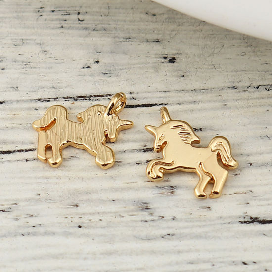 Picture of Brass Charms Horse Animal 18K Real Gold Plated 11mm( 3/8") x 9mm( 3/8"), 3 PCs                                                                                                                                                                                