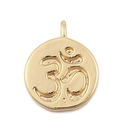 Picture of Brass Charms Round 18K Real Gold Plated Yoga OM/ Aum 12mm( 4/8") x 9mm( 3/8"), 3 PCs                                                                                                                                                                          