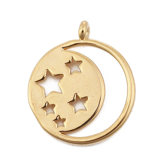 Picture of Brass Charms Half Moon 18K Real Gold Plated Star 18mm( 6/8") x 15mm( 5/8"), 3 PCs                                                                                                                                                                             