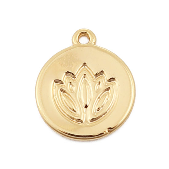 Immagine di Ottone Charms Fiore Di Loto 18K Vero Oro Placcato Tondo 11mmx 10mm, 3 Pz